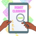Writing note showing Robot Cleaner. Business photo showcasing Intelligent programming and a limited vacuum cleaning