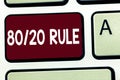 Writing note showing 80 20 Rule. Business photo showcasing Pareto principle 80 percent effects come from 20 causes