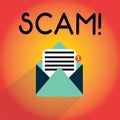 Writing note showing Scam. Business photo showcasing dishonest scheme Fraud Stealing someone money or Informations Royalty Free Stock Photo