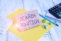 Writing note showing Search Solution. Business photo showcasing an action or process of finding solution to a problem Notepaper on