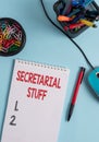 Writing note showing Secretarial Stuff. Business photo showcasing Secretary belongings Things owned by demonstratingal