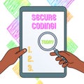 Writing note showing Secure Coding. Business photo showcasing Applied to avoid the introduction of security