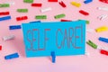 Writing note showing Self Care. Business photo showcasing practice of taking action to preserve or improve ones own Royalty Free Stock Photo