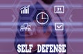 Writing note showing Self Defense. Business photo showcasing the act of defending one s is demonstrating when physically Royalty Free Stock Photo