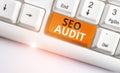 Writing note showing Seo Audit. Business photo showcasing Search Engine Optimization validating and verifying process Royalty Free Stock Photo