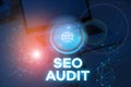 Writing note showing Seo Audit. Business photo showcasing Search Engine Optimization validating and verifying process. Royalty Free Stock Photo