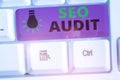 Writing note showing Seo Audit. Business photo showcasing Search Engine Optimization validating and verifying process. Royalty Free Stock Photo