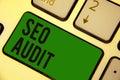 Writing note showing Seo Audit. Business photo showcasing Search Engine Optimization validating and verifying process Keyboard gre Royalty Free Stock Photo