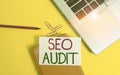 Writing note showing Seo Audit. Business photo showcasing Search Engine Optimization validating and verifying process