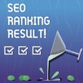 Writing note showing Seo Ranking Result. Business photo showcasing refers to websites position in search engine results Cocktail