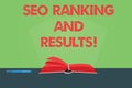 Writing note showing Seo Ranking And Results. Business photo showcasing Search Engine Optimization statistics analytics Color