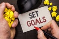 Writing note showing Set Goals. Business photo showcasing Target Planning Vision Dreams Goal Idea Aim Target Motivation written b Royalty Free Stock Photo