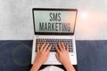Writing note showing Sms Marketing. Business photo showcasing Effective technology for inviting clients and retain customers