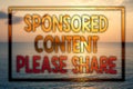 Writing note showing Sponsored Content Please Share. Business photo showcasing Marketing Strategy Advertising Platform Sunset blu