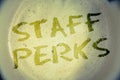 Writing note showing Staff Perks. Business photos showcasing Workers Benefits Bonuses Compensation Rewards Health InsuranceIdeas