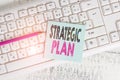 Writing note showing Strategic Plan. Business photo showcasing a systematic process of envisioning a desired future