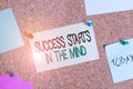 Writing note showing Success Starts In The Mind. Business photo showcasing Have positive thoughts accomplish what you Royalty Free Stock Photo