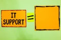 Writing note showing It Support. Business photo showcasing Lending help about information technologies and relative issues Orange Royalty Free Stock Photo