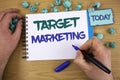 Writing note showing Target Marketing. Business photo showcasing Market Segmentation Audience Targeting Customer Selection Text tw Royalty Free Stock Photo