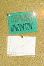 Writing note showing Technology Innovation. Business photo showcasing significant technological changes of products Royalty Free Stock Photo