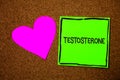 Writing note showing Testosterone. Business photo showcasing Male hormones development and stimulation sports substance Love brown