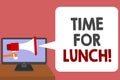 Writing note showing Time For Lunch. Business photo showcasing Moment to have a meal Break from work Relax eat drink rest Man hold Royalty Free Stock Photo