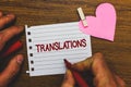 Writing note showing Translations. Business photo showcasing Written or printed process of translating words text voice Small pitc