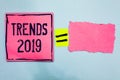 Writing note showing Trends 2019. Business photo showcasing Upcoming year prevailing tendency Widely Discussed Online Pink paper n