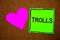 Writing note showing Trolls. Business photo showcasing Online troublemakers posting provocative inflammatory messages Love brown c