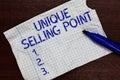 Writing note showing Unique Selling Point. Business photo showcasing Differentiate a Product Specific Features and Benefits Square Royalty Free Stock Photo