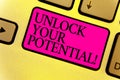 Writing note showing Unlock Your Potential. Business photo showcasing improve self awareness Skills to Achieve more Keyboard pink Royalty Free Stock Photo