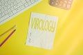Writing note showing Virology. Business photo showcasing branch of science dealing with the variety of viral agents and