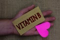 Writing note showing Vitamin B. Business photo showcasing Highly important sources and benefits of nutriments folate Wood art work