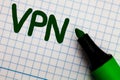 Writing note showing Vpn. Business photo showcasing Secured virtual private network across confidential domain protected Graph pap