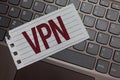 Writing note showing Vpn. Business photo showcasing Secured virtual private network across confidential domain protected Keyboard