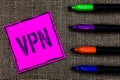 Writing note showing Vpn. Business photo showcasing Secured virtual private network across confidential domain protected Marker pe