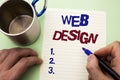 Writing note showing Web Design. Business photo showcasing Web Layout Template Responsive Webpage Webdesign Sketch Navigation wri Royalty Free Stock Photo