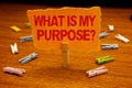 Writing note showing What Is My Purpose Question. Business photo showcasing Direction Importance Discernment Reflection Paperclip Royalty Free Stock Photo