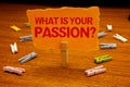 Writing note showing What'S Your Passion Question. Business photo showcasing asking someone about his dreams and hopes Paperclip Royalty Free Stock Photo