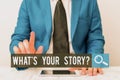 Writing note showing What S Your Story Question. Business photo showcasing asking demonstrating about his past life Royalty Free Stock Photo