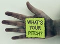 Writing note showing What Is Your Pitch Question. Business photo showcasing Present proposal Introducing Project or Product writt Royalty Free Stock Photo