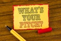 Writing note showing What Is Your Pitch Question. Business photo showcasing Present proposal Introducing Project or Product writt Royalty Free Stock Photo