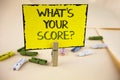 Writing note showing What Is Your Score Question. Business photo showcasing Tell Personal Individual Rating Average Results writt Royalty Free Stock Photo