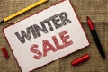 Writing note showing Winter Sale. Business photo showcasing Promotion Offer Shop Discount Season Offers Auction Deal Objective wr