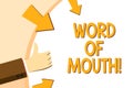Writing note showing Word Of Mouth. Business photo showcasing Oral spreading of information Storytelling Viva Voice.