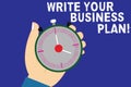 Writing note showing Write Your Business Plan. Business photo showcasing Establish steps to accomplish company goals Hu
