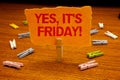 Writing note showing Yes, It'S Friday Motivational Call. Business photo showcasing having weekend Taking rest break Paperclip hol Royalty Free Stock Photo