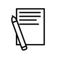 Writing notes. Paper document and a pen, minimal black and white outline icon. Flat vector illustration. Isolated on Royalty Free Stock Photo