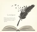 Old feather with flying birds and open book