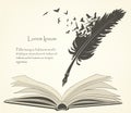 Old feather with flying birds and open book Royalty Free Stock Photo